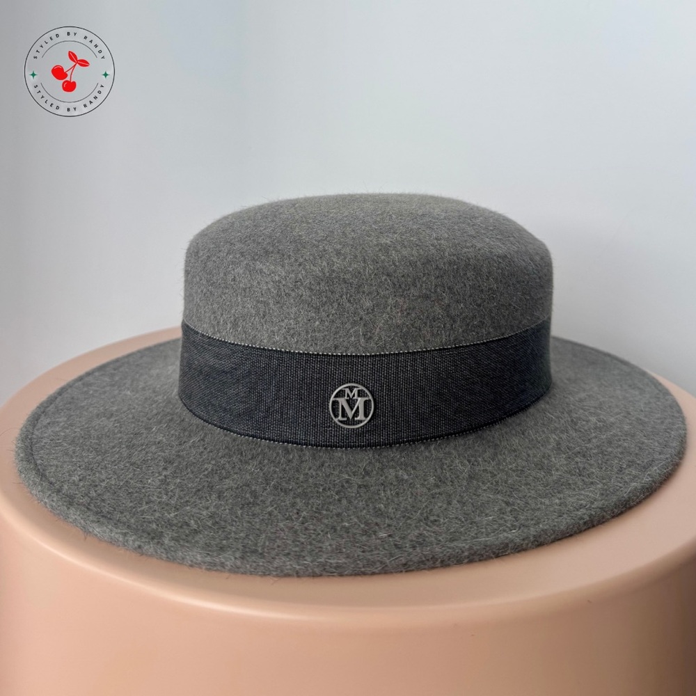 Maison Michel Kiki Rabbit Fur Canotier Hat in Gray
